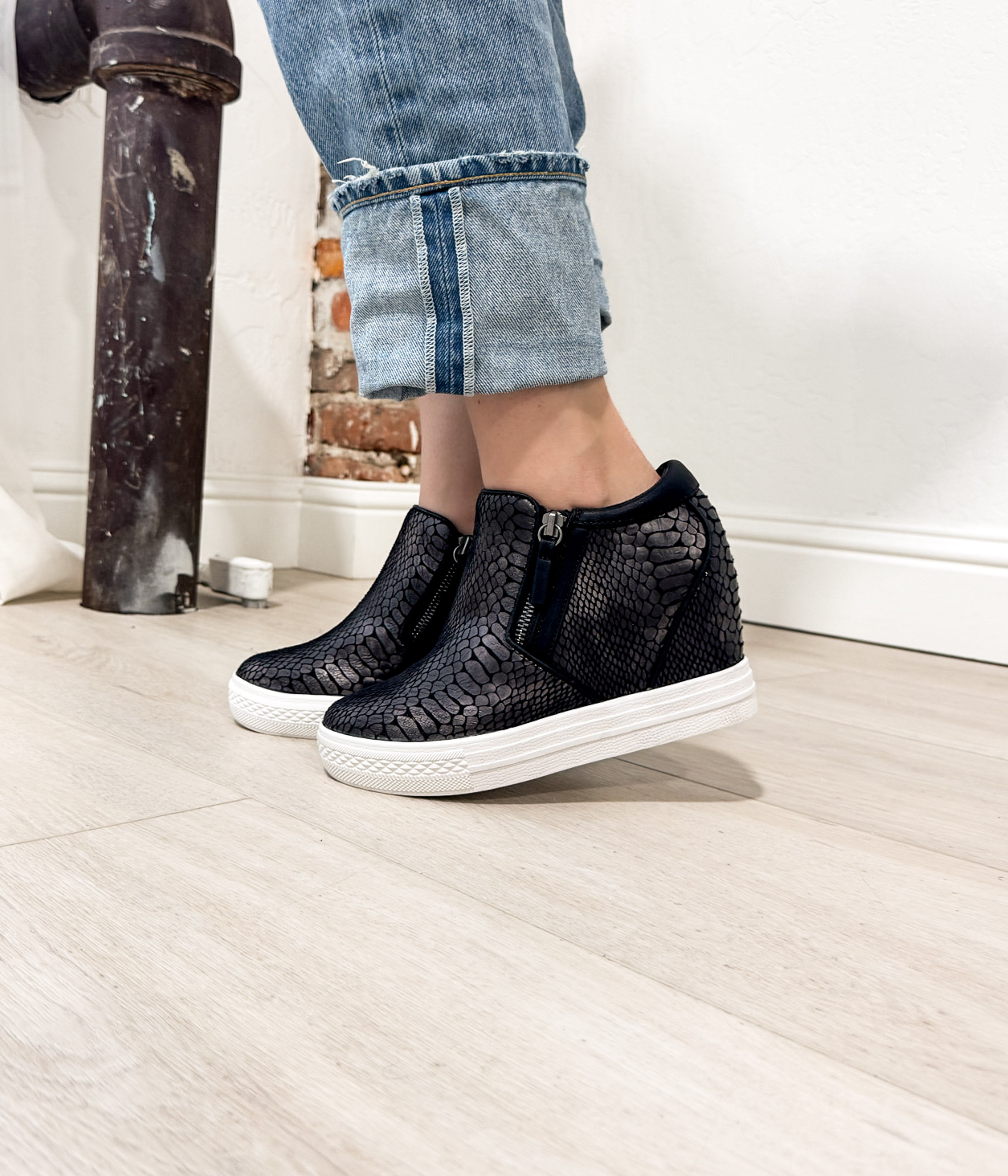 Timmibelle Wedge Sneaker Black Reptile Embossed Leather Naughty Monkey